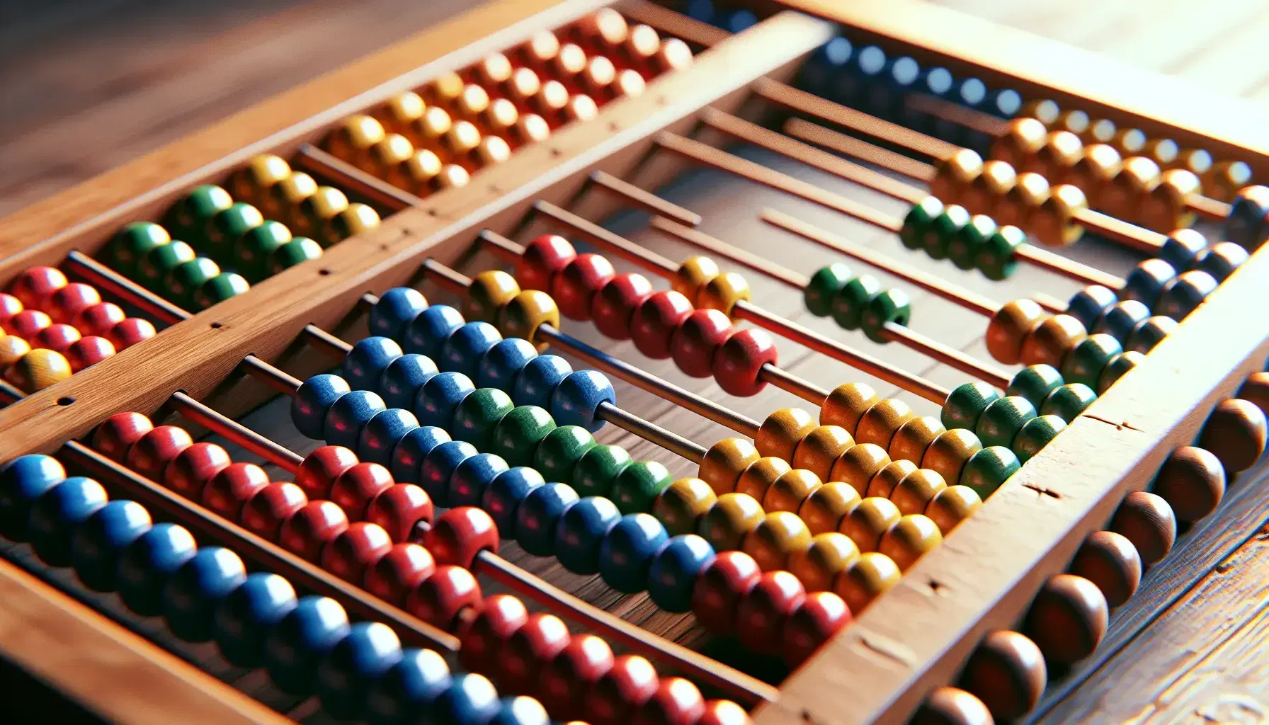 Close-up of a wooden abacus with colorful red, blue, green, yellow and orange beads on parallel rods, separated by dividers.