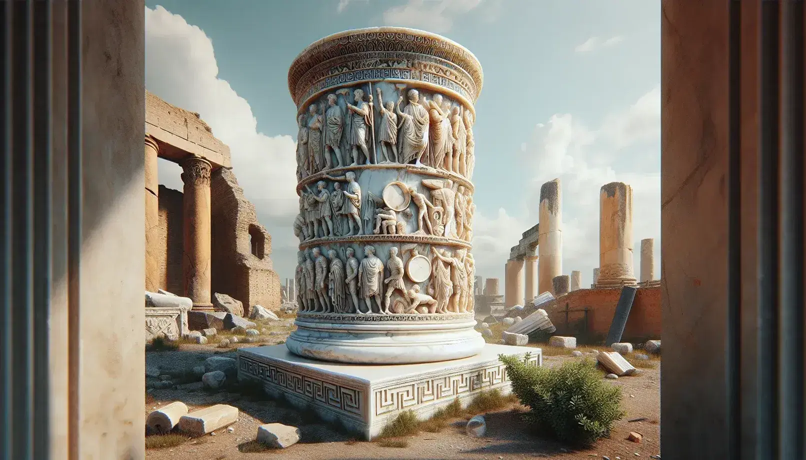 Colonna marmorea bianca con bassorilievi di scene romane su sfondo cielo azzurro, rovine antiche e vegetazione in primo piano.