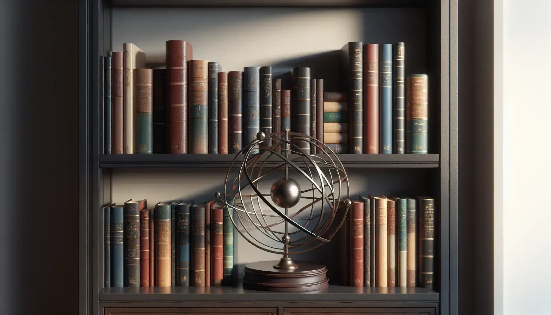 Librería de madera oscura repleta de libros variados y esfera armilar metálica entre ellos, bajo una iluminación suave que resalta su brillo y texturas.