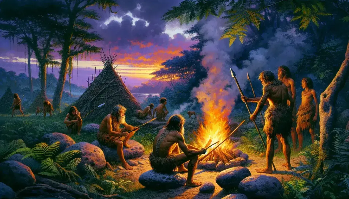 Prehistoric scene at sunset with humans around a fire, sharpening wooden spears, and huts made of branches and leaves in the background.