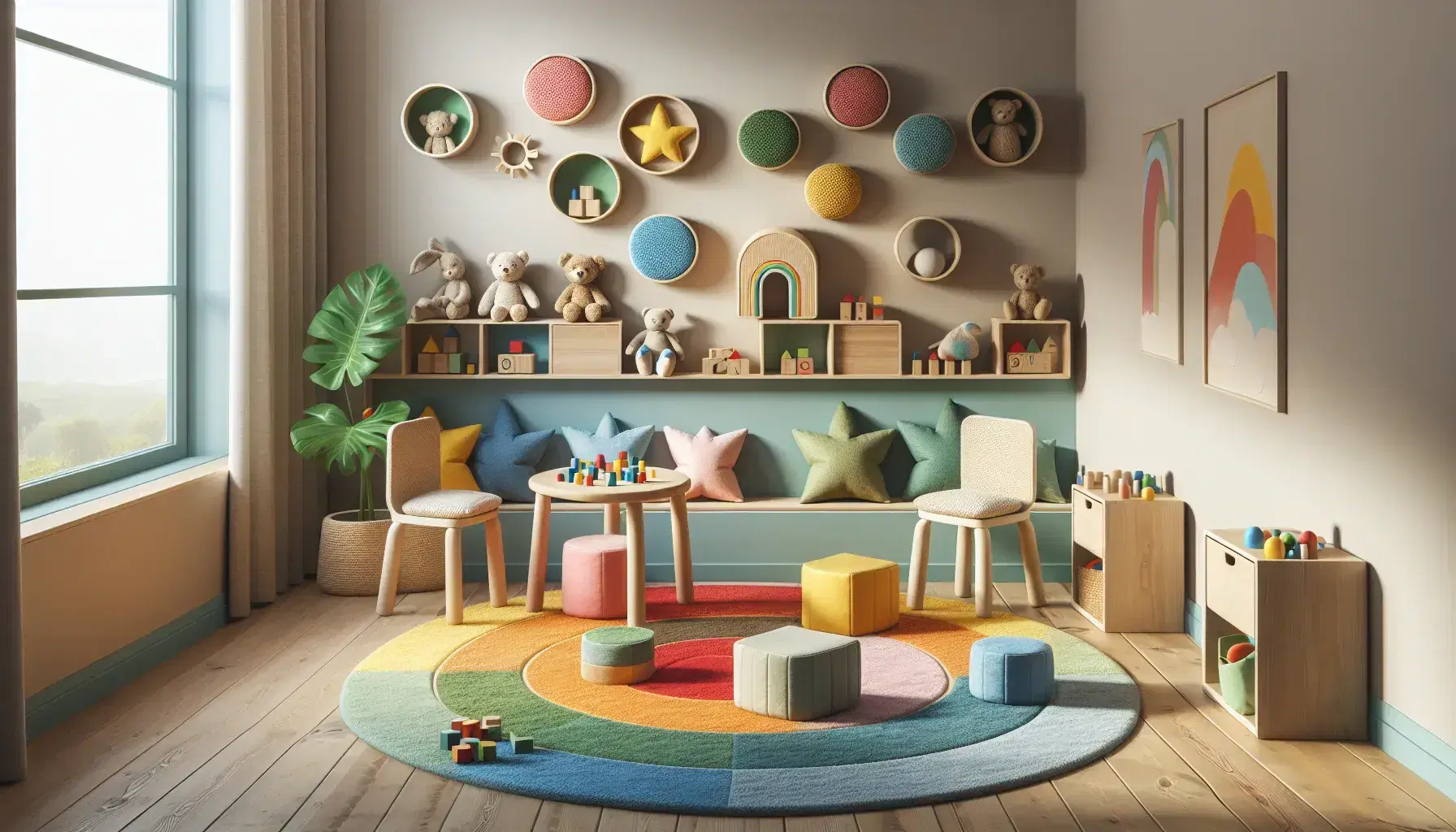 Habitación de terapia infantil acogedora con alfombra colorida, cojines, mesa con bloques de madera, estantería con juguetes y planta verde.
