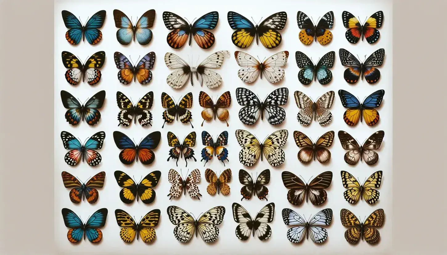 Diverse butterfly specimens arranged in a grid, showcasing vibrant wing patterns and colors from iridescent blues to spotted oranges and pale greens.