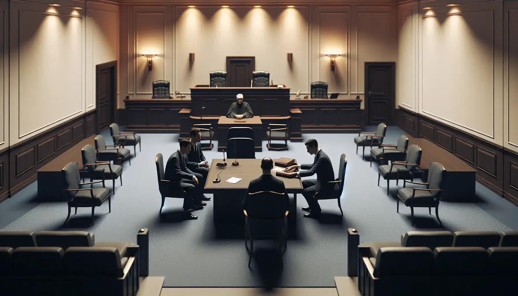 Sala de tribunal con mesa central y tres abogados en traje, sillas vacías a la izquierda y silla elevada de juez al fondo, iluminación de techo y alfombra azul.