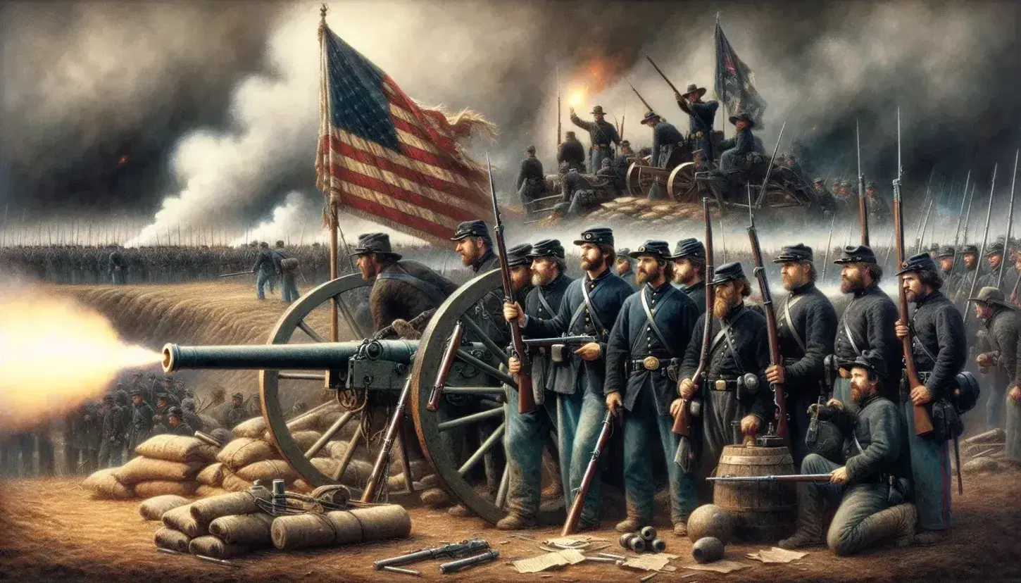 Union soldiers with bayonets ready and a tattered flag amidst gun smoke, operate a cannon on a Civil War battlefield against Confederate forces.