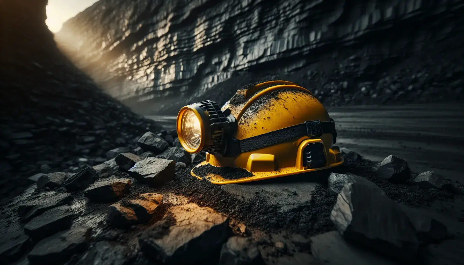 Casco de seguridad amarillo con lámpara frontal en una mina de carbón, sobre superficie rocosa y frente a una pared oscura con vetas de carbón.