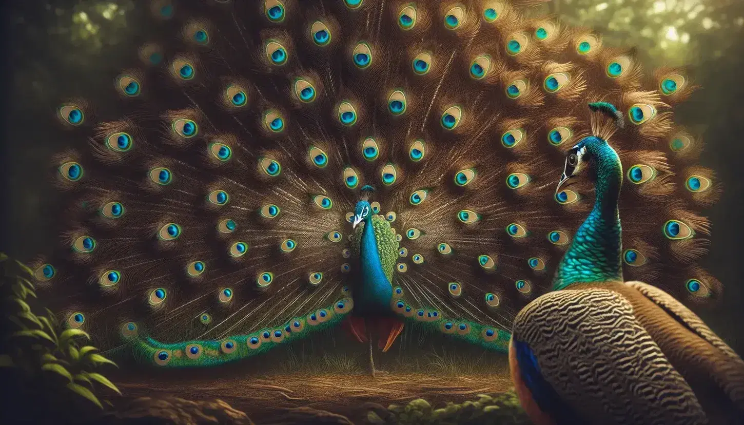 Male peacock with blue and green iridescent plumage and open tail shows his eyed feathers to a brown lapwing on the blurred natural background.