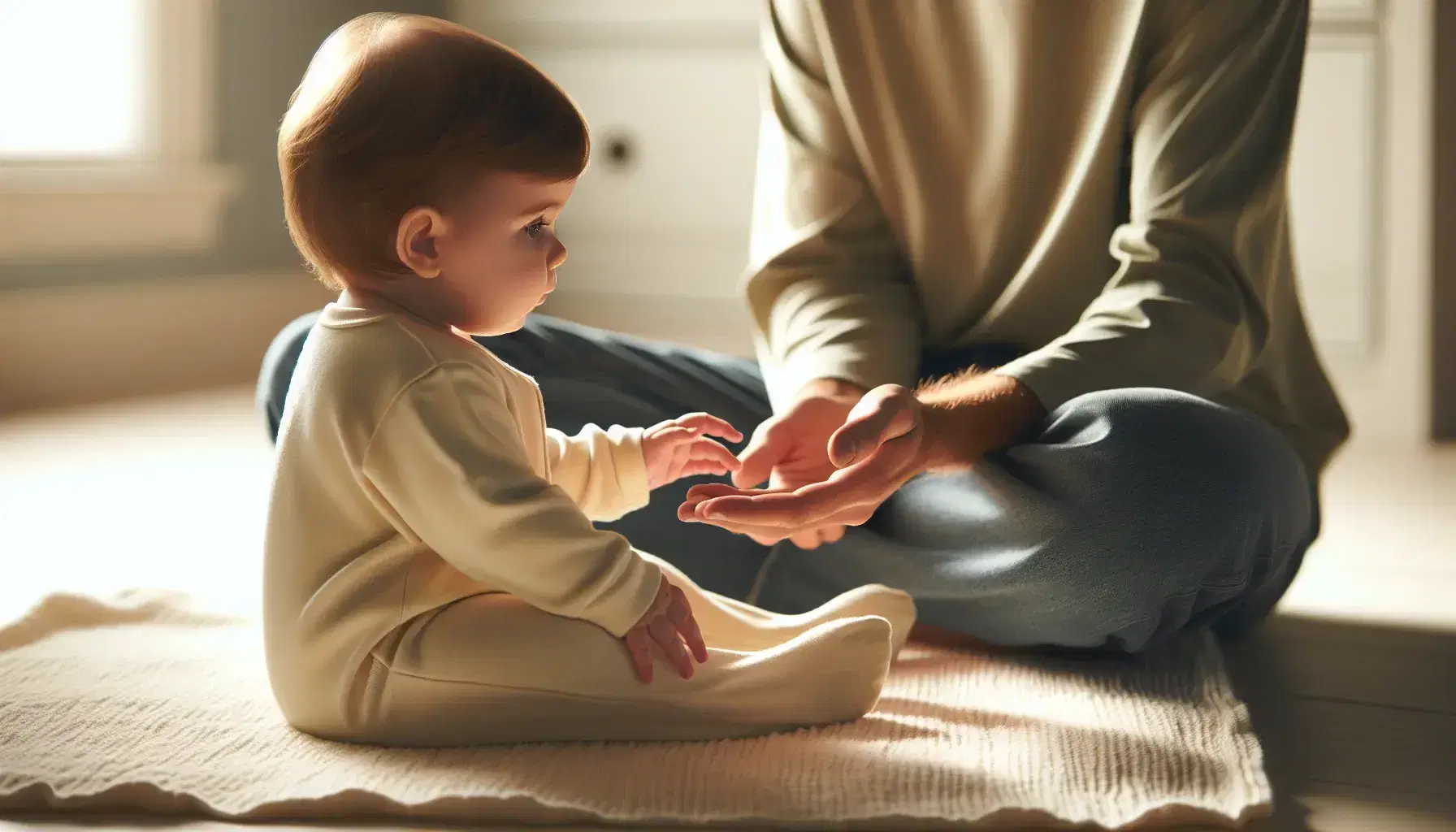 Baby boy with light brown hair in pastel yellow onesie interacts with a caregiver in olive green sweater and blue jeans on a white blanket.