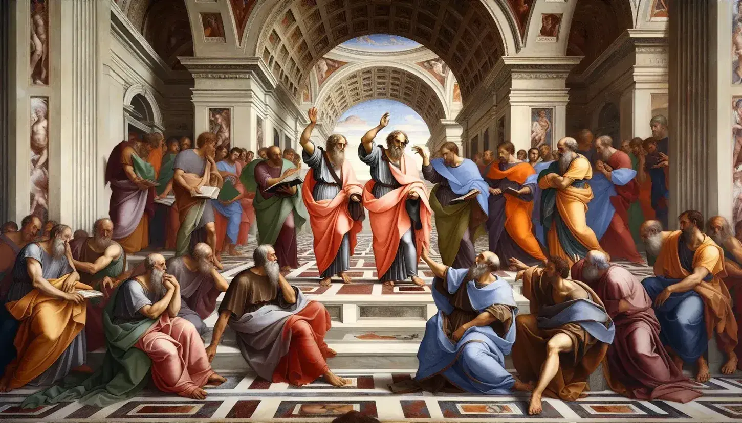 Platone con mano alzata e Aristotele gesto palmare in "Scuola di Atene" di Raffaello, tra architetture classiche e filosofi antichi.
