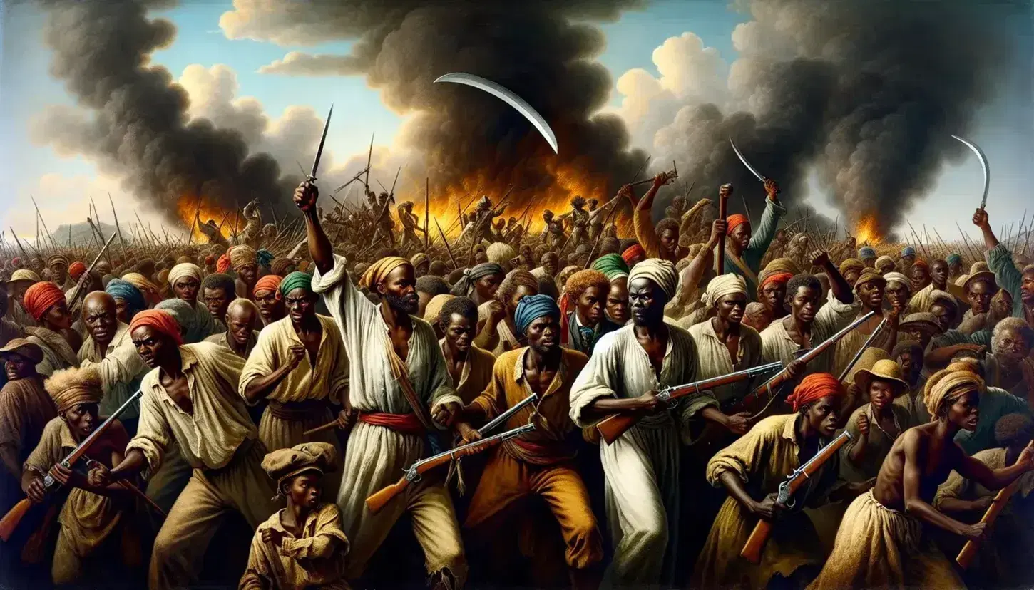 Haitian Revolution scene with determined African descent fighters wielding machetes and muskets against a backdrop of smoke and a fiery sunset.