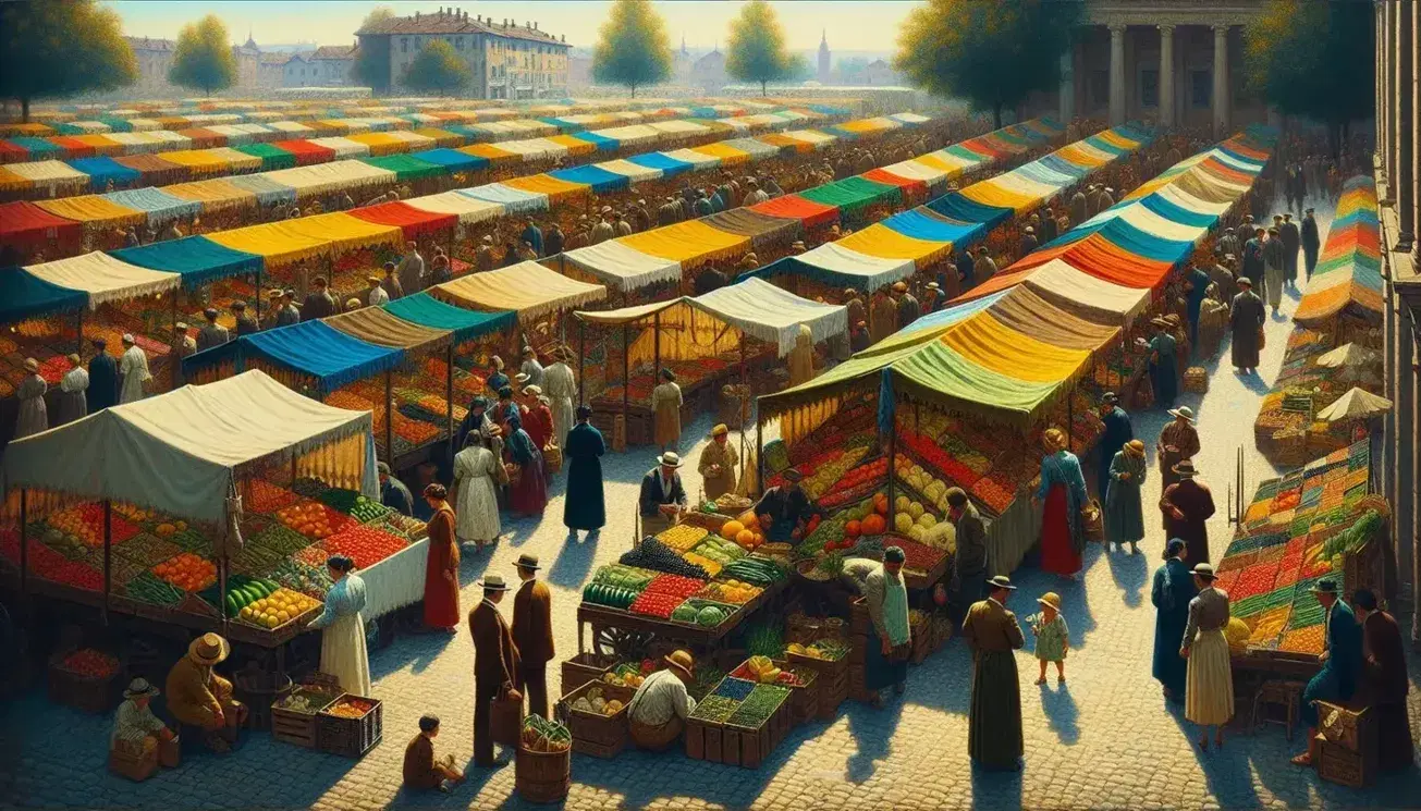Mercato all'aperto con bancarelle colorate piene di frutta e verdura fresca, persone che fanno acquisti in una giornata soleggiata.