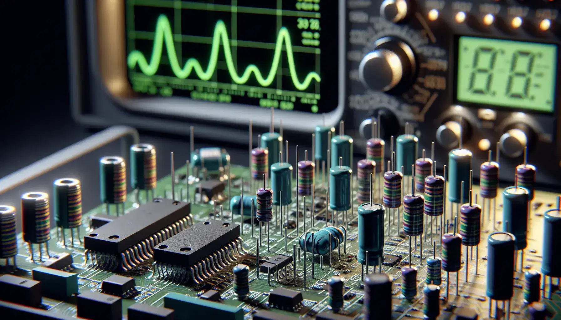 Primer plano de una placa de circuito impreso con resistencias, capacitores y microchips, y un osciloscopio mostrando una onda sinusoidal en el fondo.