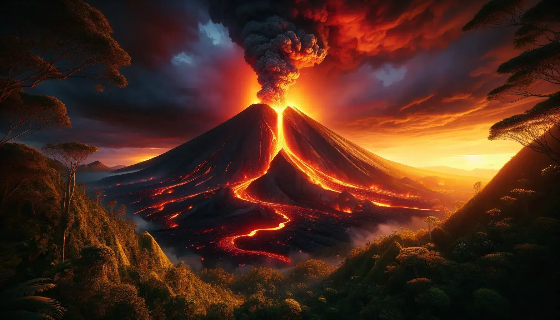 Eruzione vulcanica con lava incandescente che scorre lungo pendii, colonna di fumo e cenere, e cielo arancione al crepuscolo.