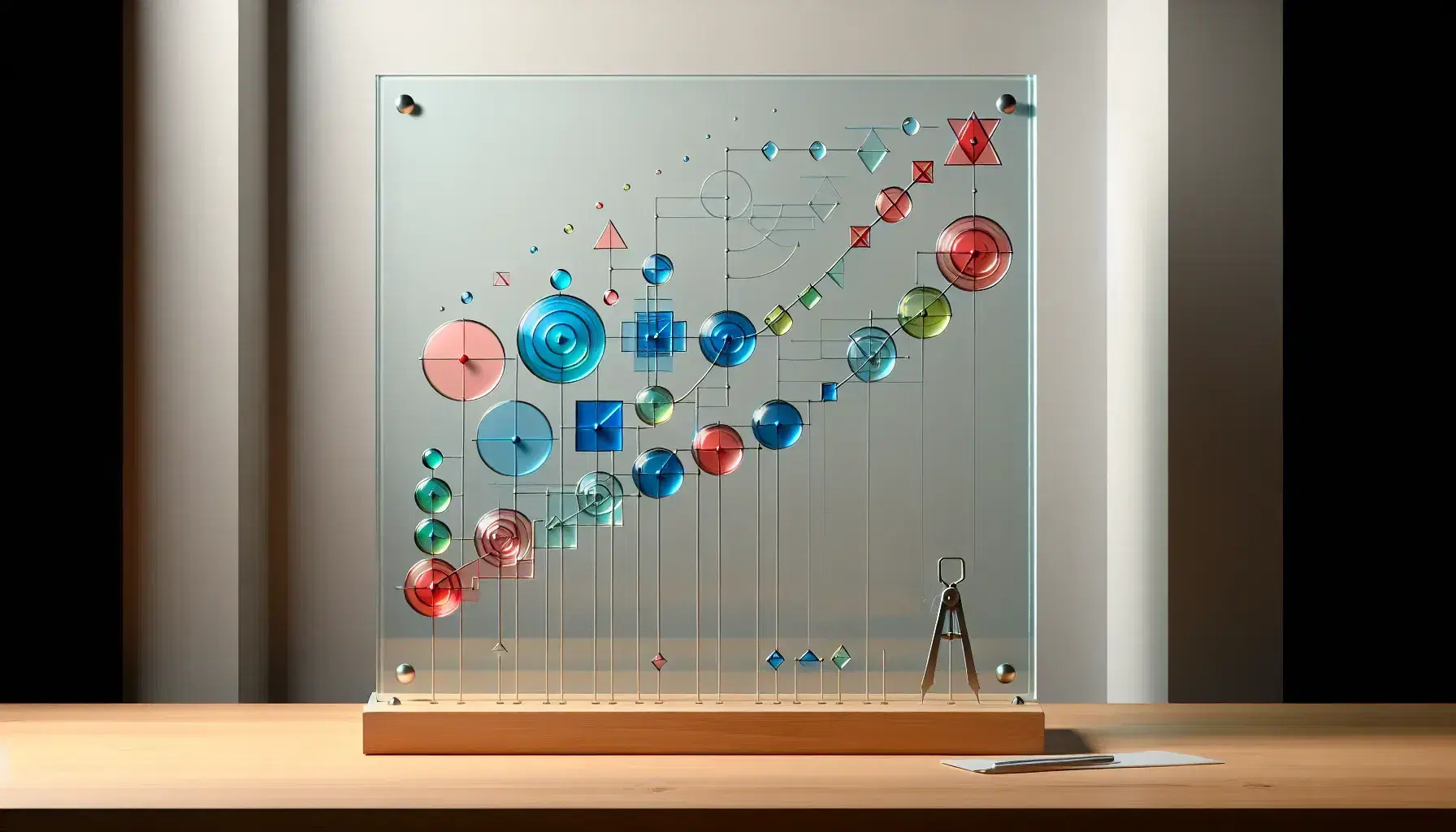 Clear glass board with colorful geometric shape transformations, compass, and protractor on a wooden desk against a gray wall.