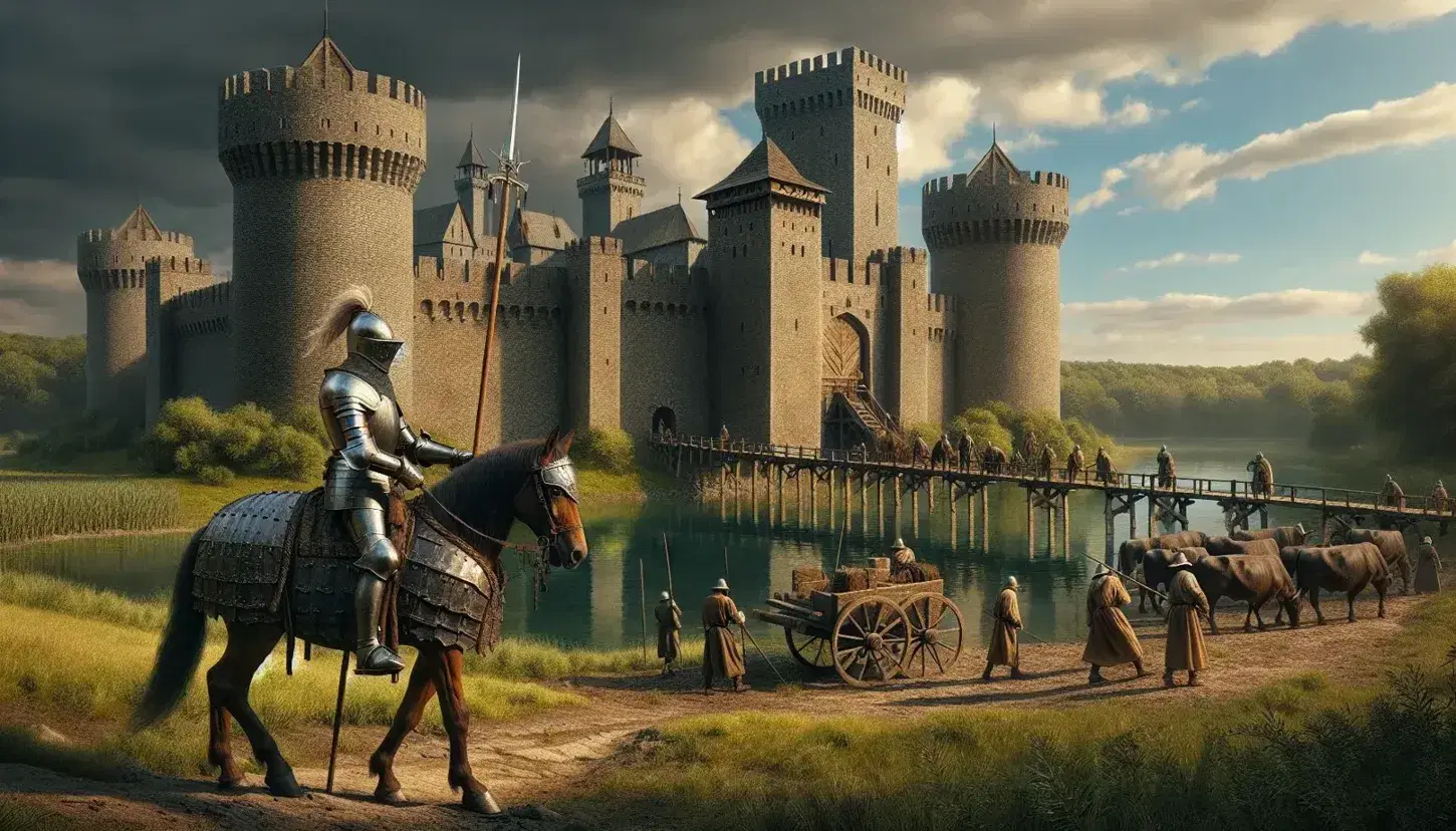 Castillo medieval de piedra con torres altas y foso, caballero armado a caballo y campesinos trabajando la tierra bajo cielo parcialmente nublado.