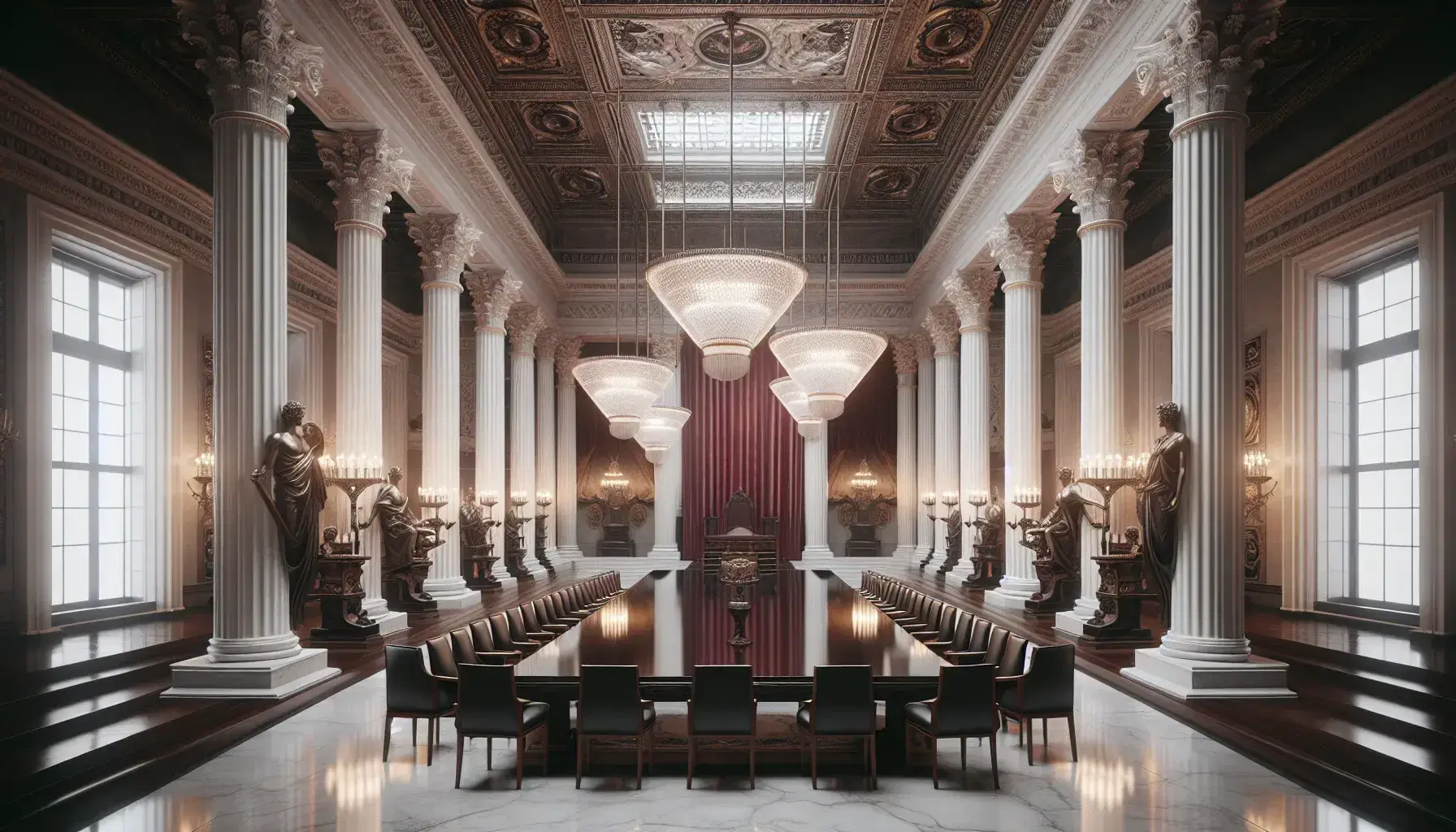 Salón elegante con columnas de mármol blanco, mesa de madera oscura, sillas de cuero negro, lámparas de cristal y estatua de bronce con balanza y espada.