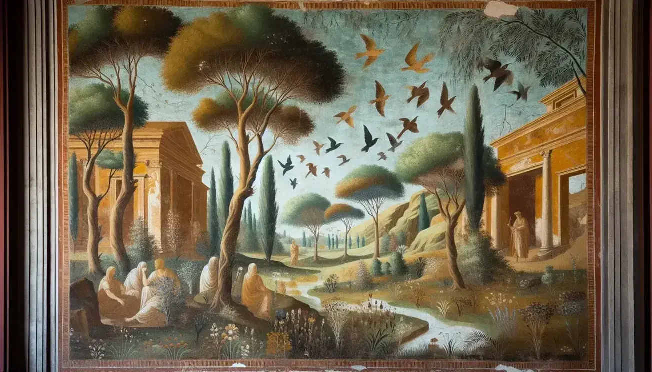 Affresco romano raffigurante scena bucolica con alberi, fiume, uccelli e figura umana su sfondo di edifici antichi.