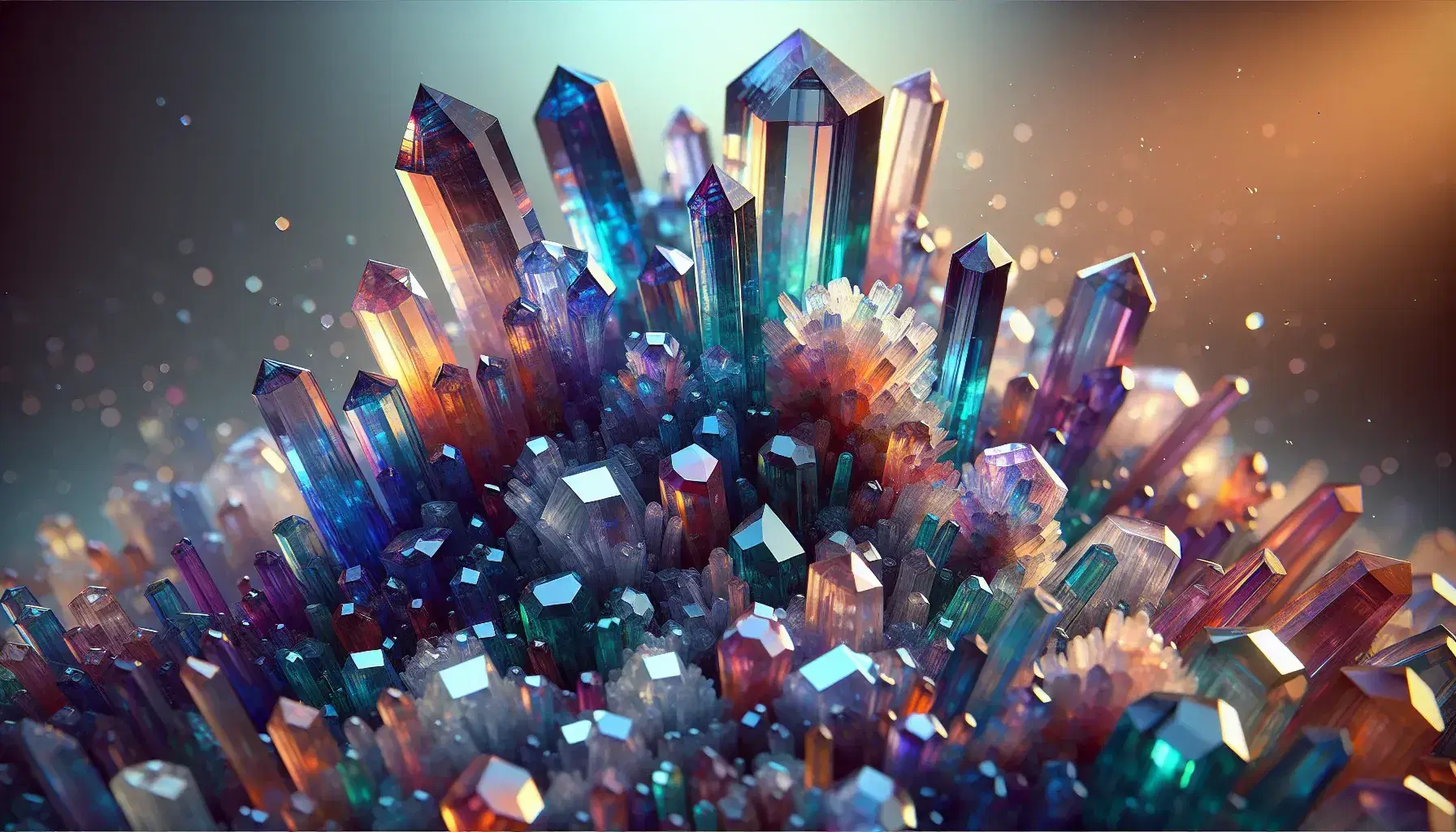 Close-up of colorful crystals in different geometric shapes, with shades from blue to green and pink, reflecting light on a neutral blurred background.
