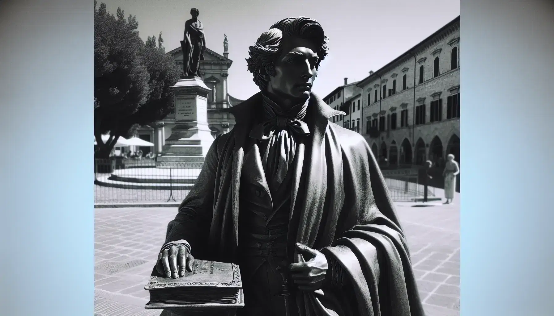 Statua in bronzo di figura storica italiana in abiti d'epoca con cappotto e cravatta a farfalla, mano su libro, in piazza con alberi e edifici storici sullo sfondo.