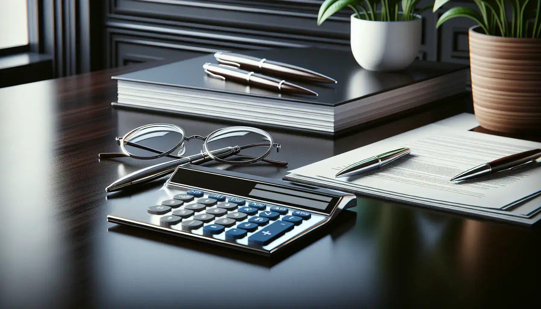 Neatly organized office desk with modern calculator, stack of white papers, silver pen, round-rimmed eyeglasses on an open blue book, and a potted green plant.
