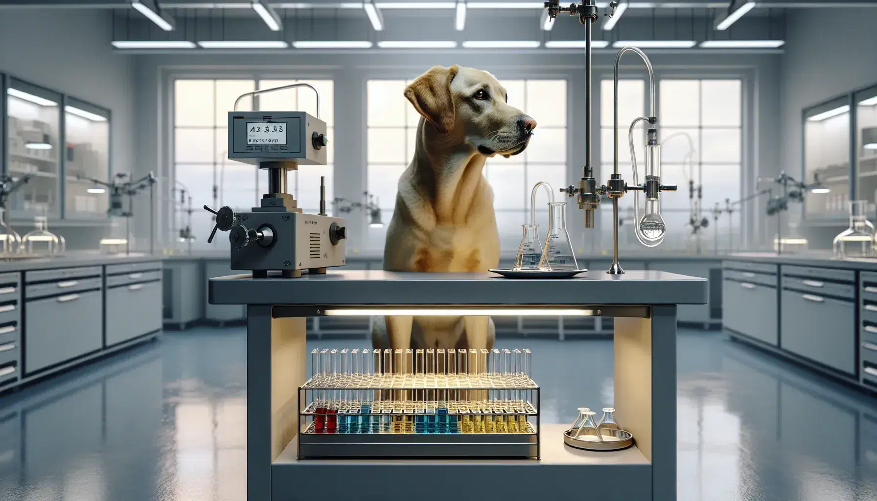 Labrador Retriever dorado sentado en laboratorio con dispositivo metálico delante y mesa con tubos de ensayo de colores, ambiente estéril y luminoso.