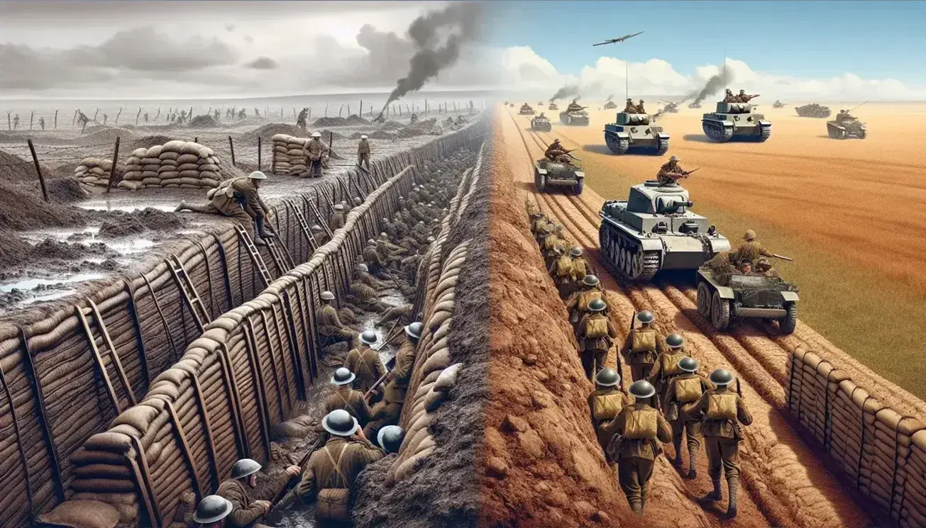 World War I trench warfare with soldiers in helmets versus World War II Blitzkrieg with advancing armored vehicles under clear skies.