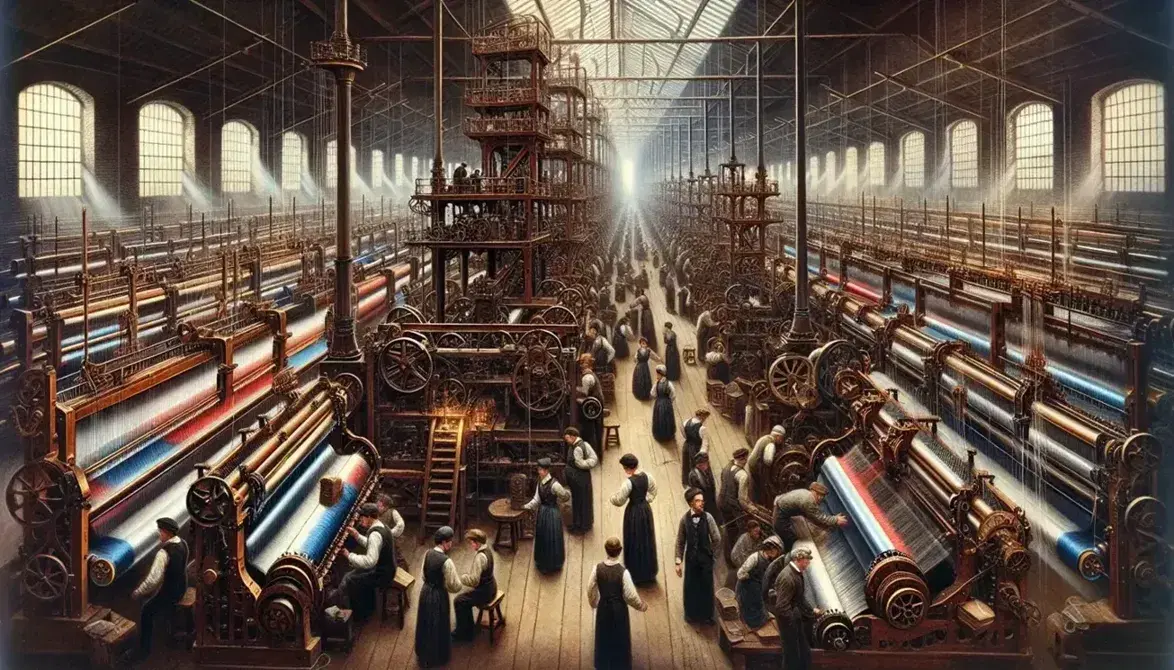 Escena de una fábrica textil de la Revolución Industrial con operarios entretejiendo hilos en maquinaria de madera y metal bajo luz natural.