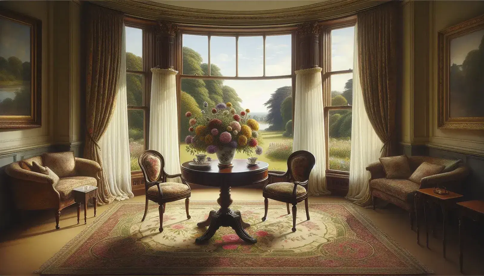 Edwardian era drawing room with sheer-curtained bay window, lush landscape view, period furniture, floral rug, and soft afternoon light.