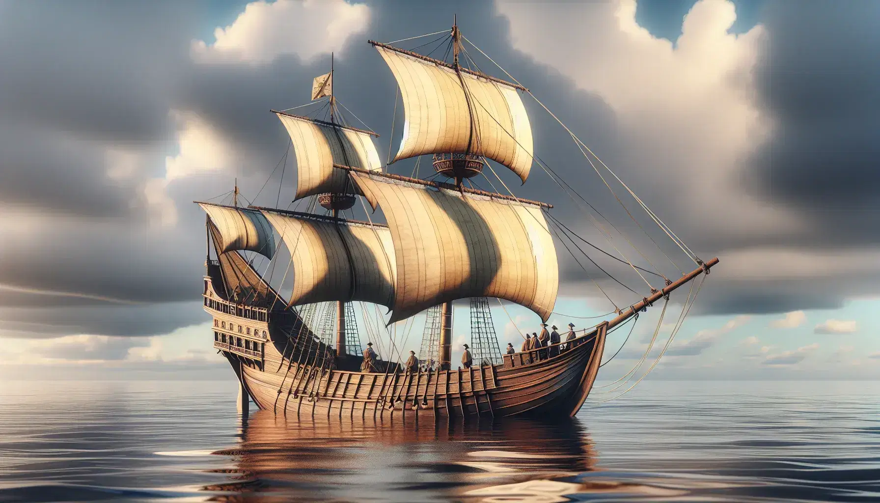 Réplica de carabela portuguesa del siglo XV en aguas tranquilas, con velas desplegadas, tripulación en vestimenta de época y cielo parcialmente nublado.