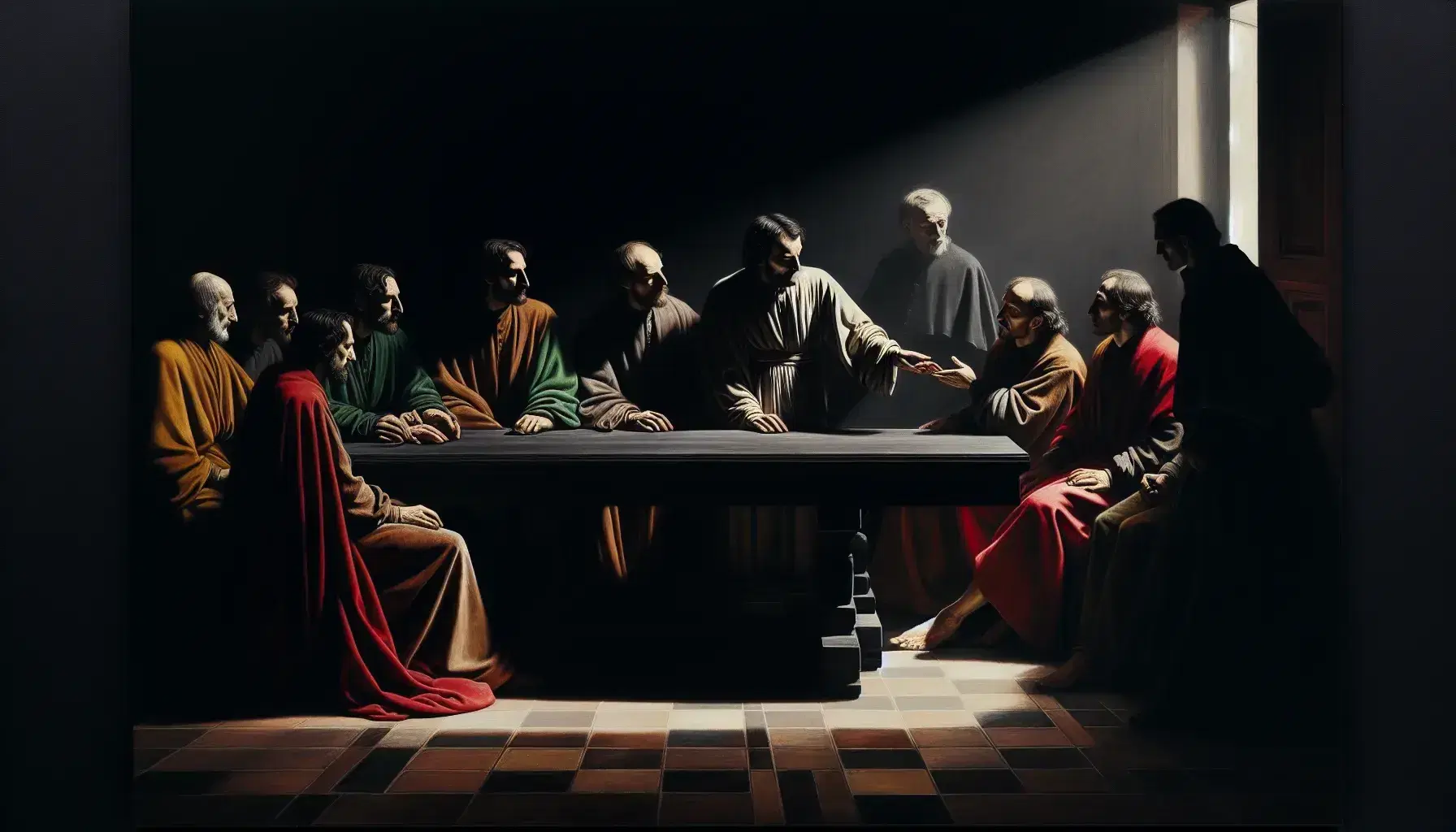 Riproduzione fotografica di una scena con colori intensi e contrastanti, gruppo di uomini intorno a un tavolo in chiaroscuro, figura in primo piano indica verso di loro.