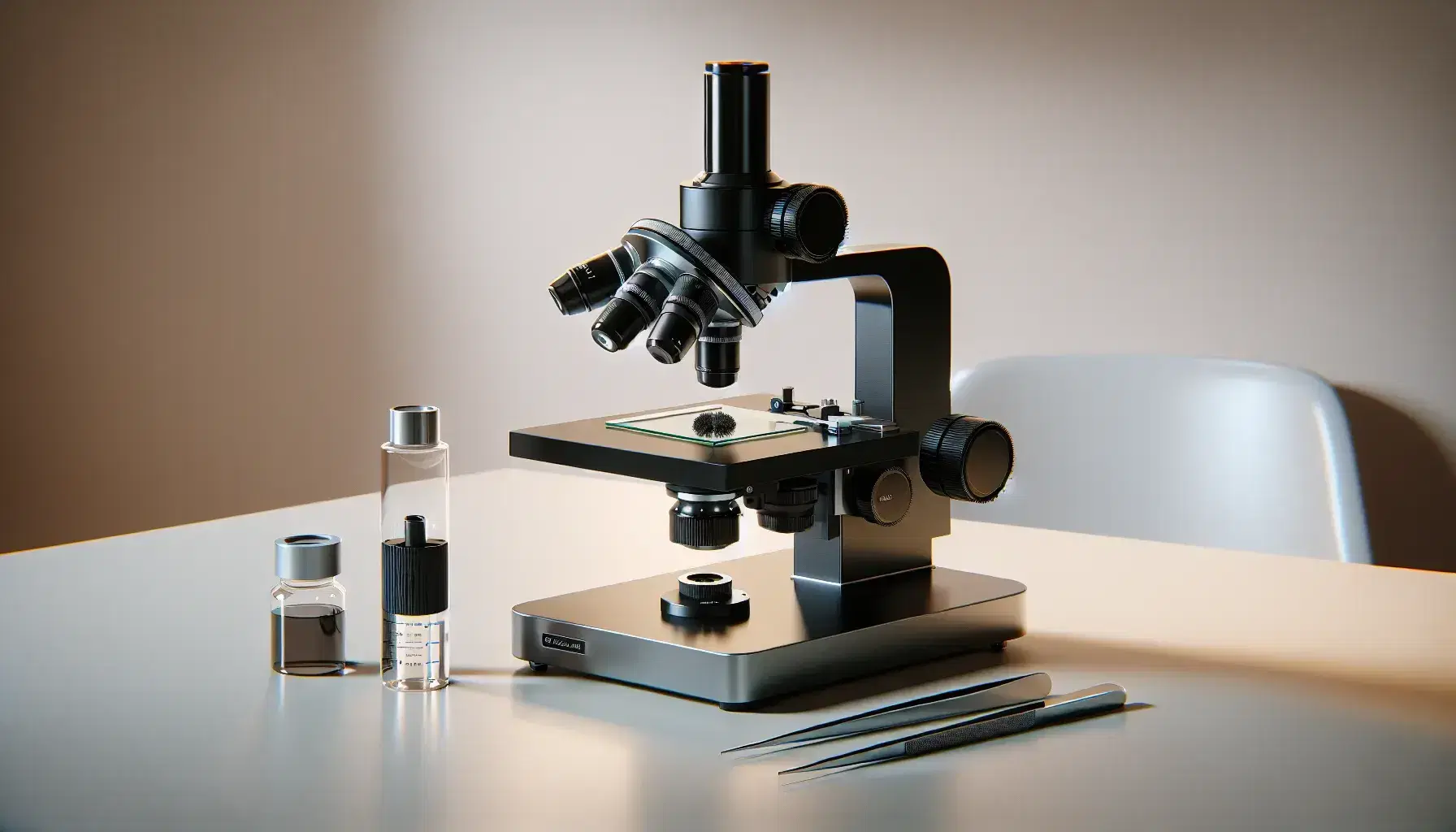 Microscopio óptico de diseño moderno en laboratorio con portaobjetos y muestra biológica, pinzas metálicas y botella de solución junto a él en mesa de trabajo clara.