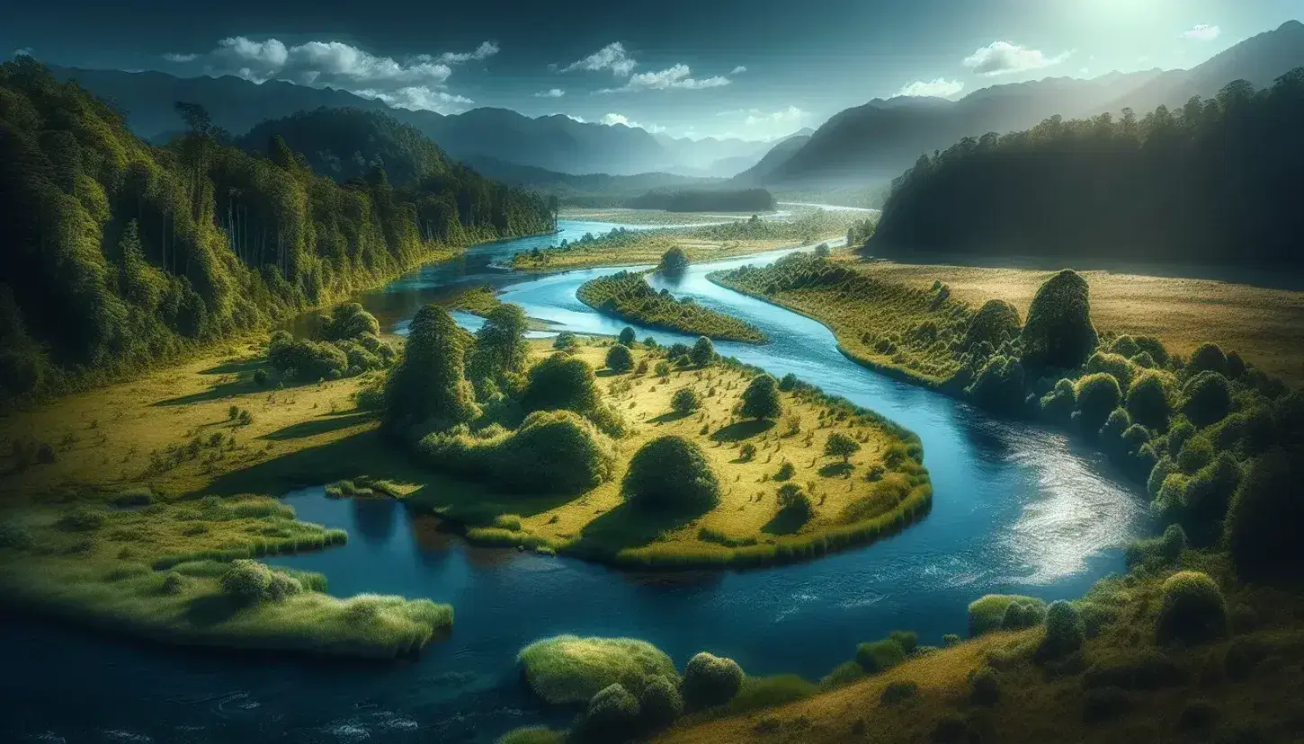 Río serpenteante con aguas azules fluyendo por un valle verde, rodeado de árboles frondosos y montañas distantes bajo un cielo azul con nubes dispersas.