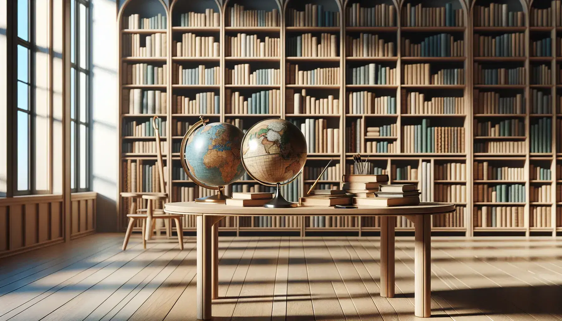Biblioteca iluminada con estanterías de madera llenas de libros, mesa con globo terráqueo y lupa, ventana grande aportando luz natural.