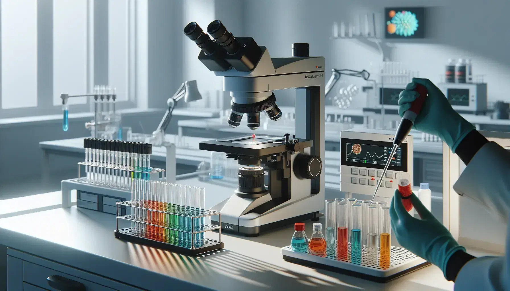 Laboratorio di biologia molecolare con microscopio elettronico, pipette multicolori e provette con liquidi colorati, mano con guanto e pipetta.