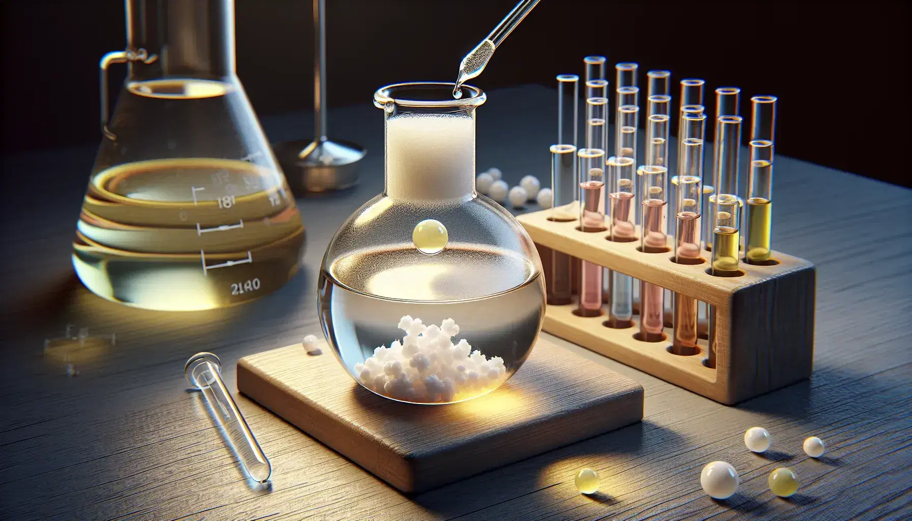 Glass flask on laboratory bench with pale yellow liquid and white crystals, dropper above and colored test tubes on wooden stand.