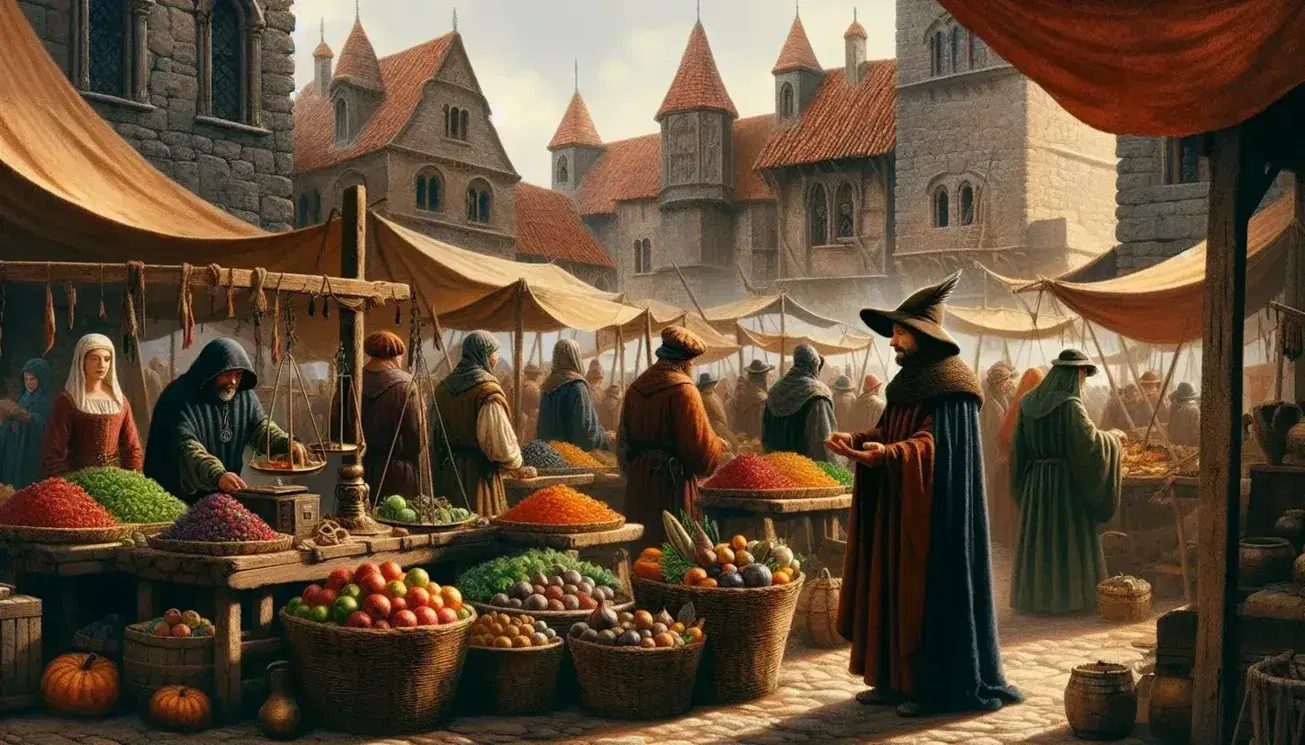 Mercato medievale all'aperto con persone in abiti d'epoca, banchi di frutta, verdura, tessuti e oggetti metallici, sotto cielo azzurro.