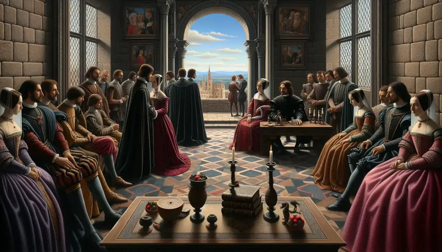 Escena renacentista con hombre y mujer conversando íntimamente, rodeados de observadores en una sala con arco y paisaje exterior, mesa con candelabro y libros, y alfombra geométrica.