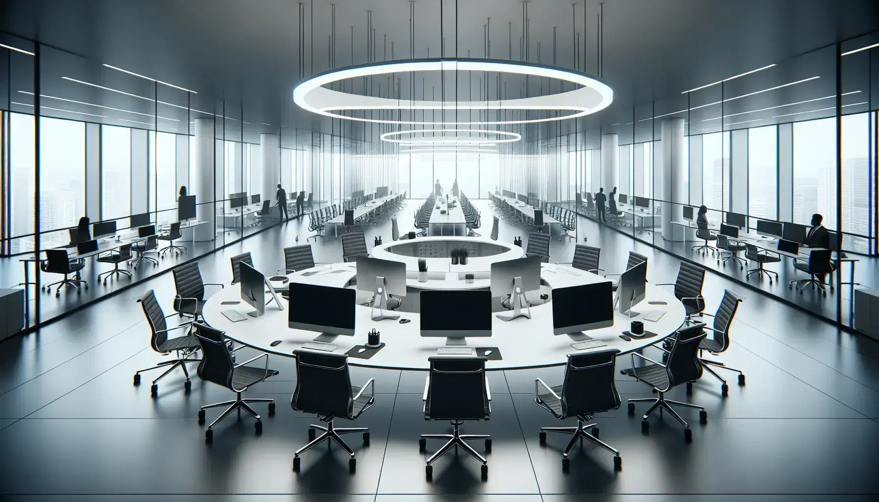Modern office with white desks, black chairs, a circular meeting area, and a glass-walled conference room, bathed in natural light from large windows.